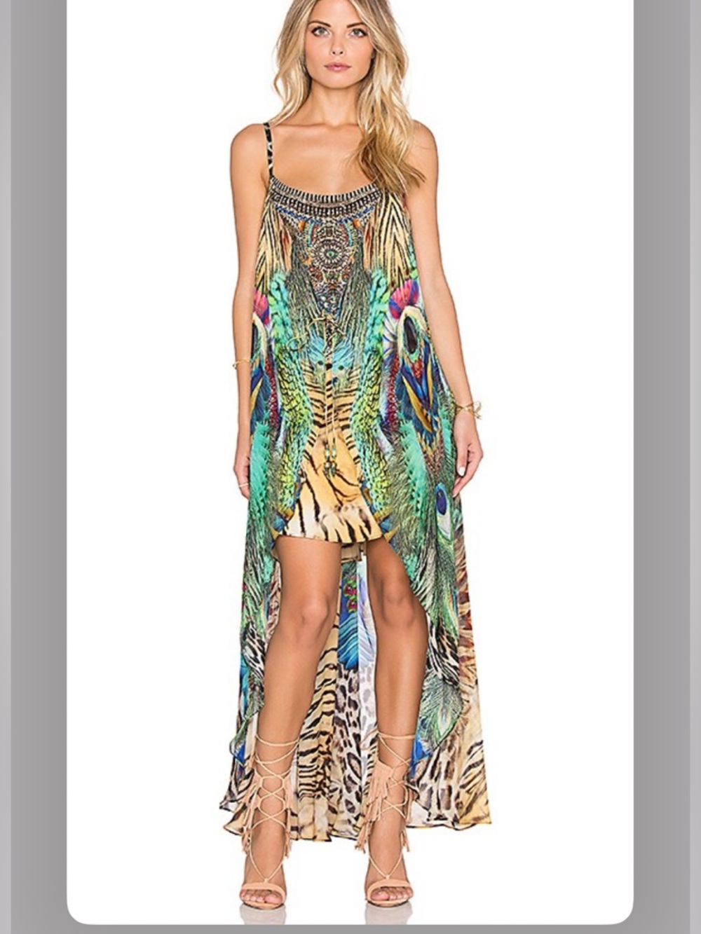 Camilla Tropical Peacock Print Hi-Low Maxi Dress - Vintage